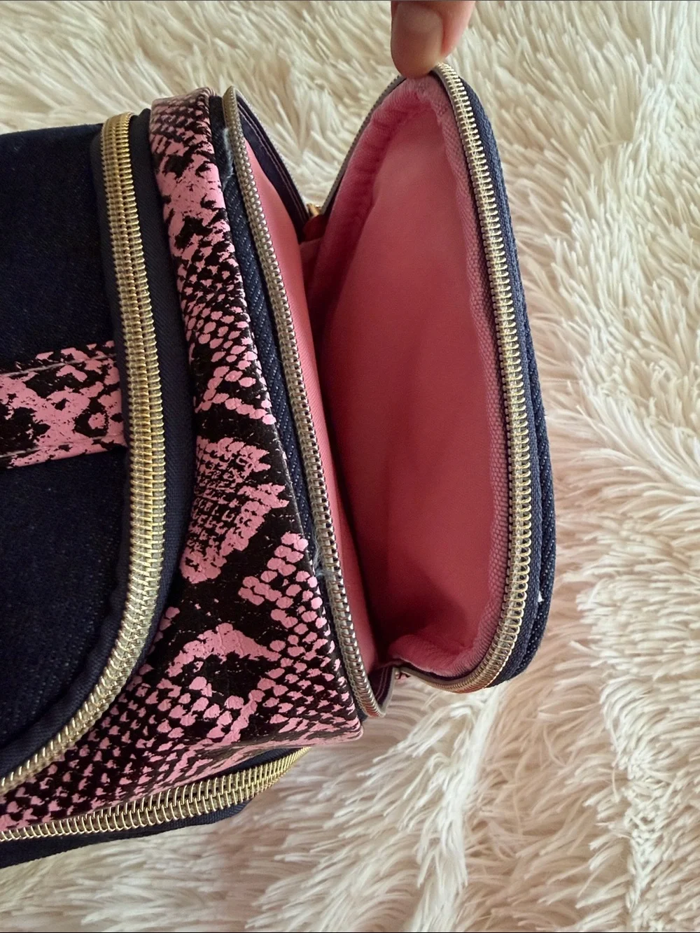 JNWT uicy Couture Cosmetic Bag with Pink Snake-Print Trim